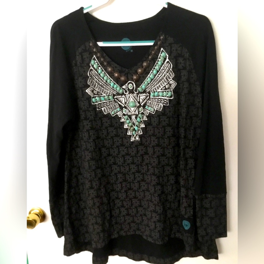 Double D Ranch Thunder Bird long sleeve embroidered top turquoise beads VGUC XS